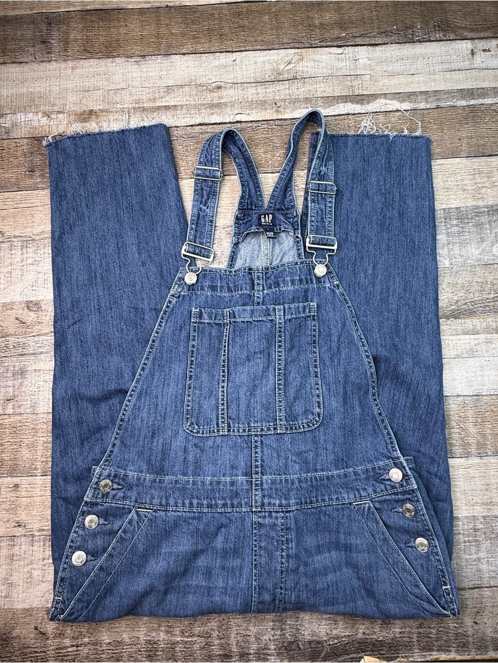 GAP Women's Blue Denim Overalls Jeans Cropped Raw Hem Size L